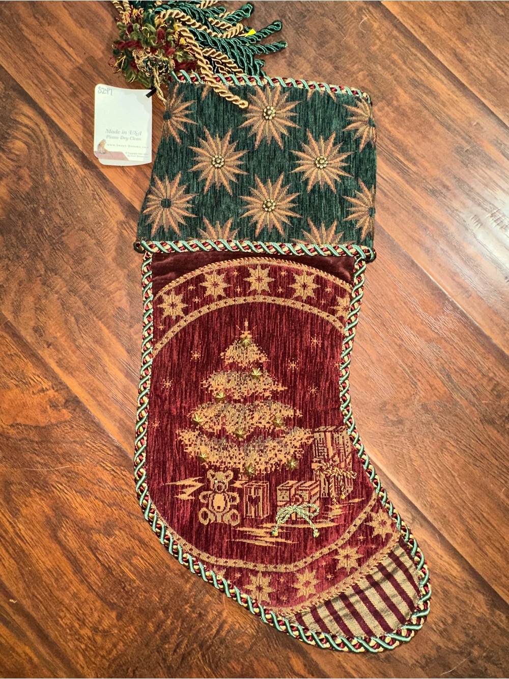 Vintage Sweet Dreams Christmas Stocking Tapestry Velvet Tassel USA Made NWT AA25